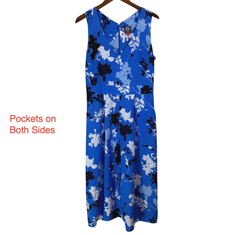 Vince Camuto Blue Floral Wide Leg Jumpsuit Size M Pockets Vacation, Resort, Chic - Picture 2 of 16